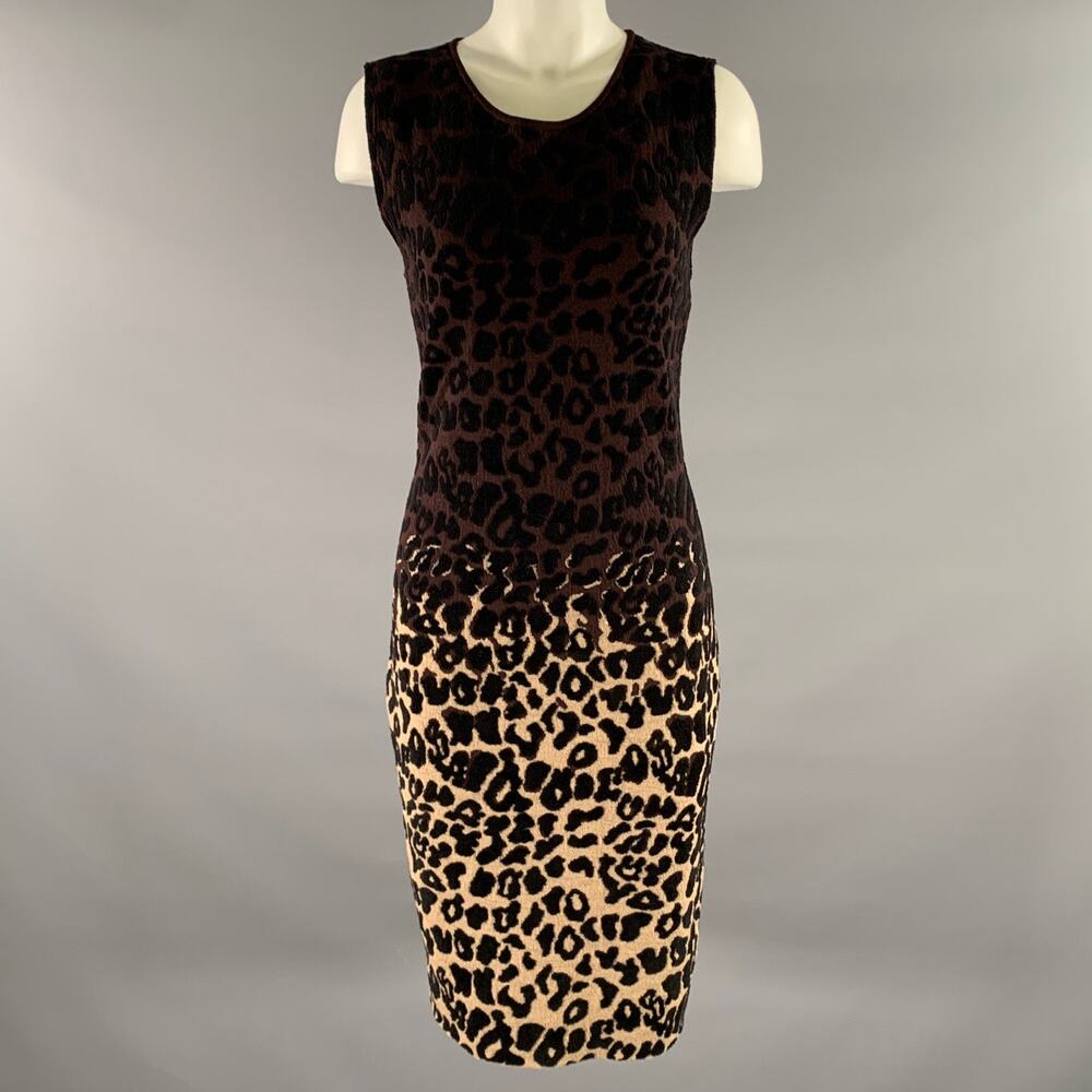 LANVIN Size M Burgundy Tan Wool Blend Leopard Dress